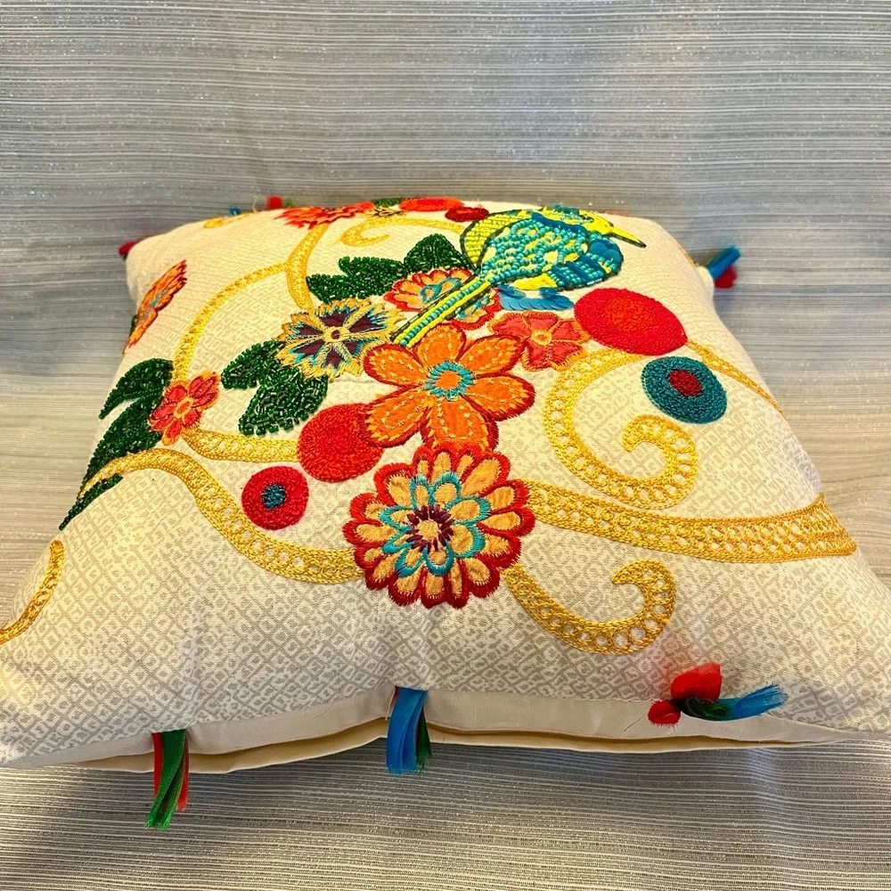 Arhaus Throw Pillow Beaded & Embroidered Bird Flowers GORGEOUS 16x16”